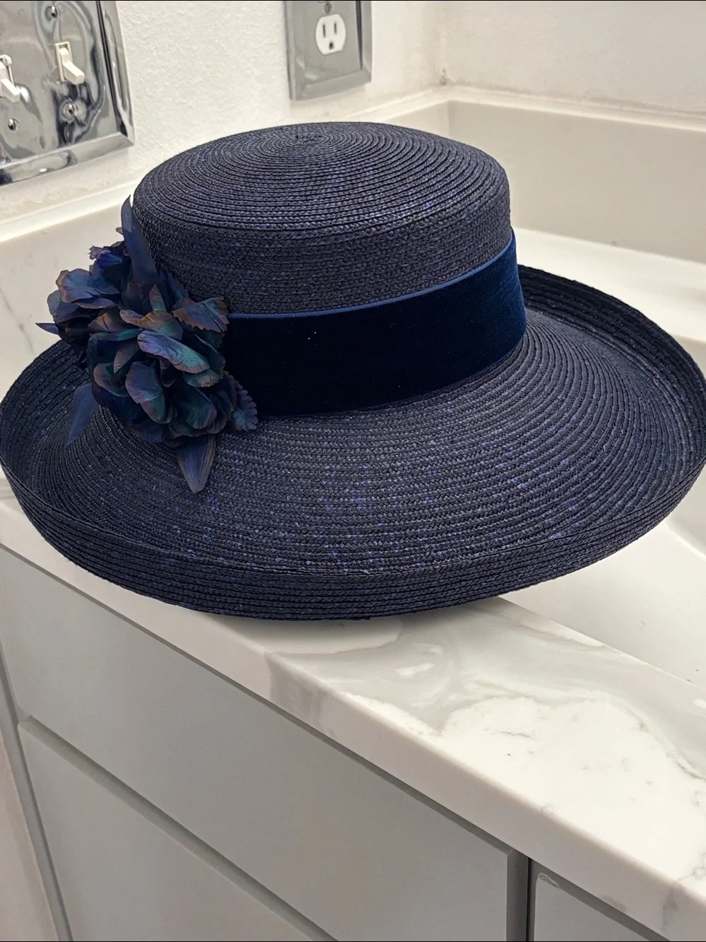 NWOT Vintage Tahari Navy Floral Hat with Decorative Blooms Velvet Trim Ribbon